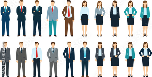 Diverse group of business people in full-length office attire, including men and women in various formal suits, representing corporate professionalism, teamwork, leadership, and successful 
