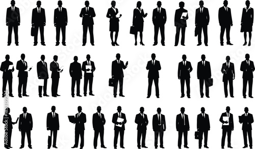 Extensive vector collection of black business people silhouettes, including men and women in suits with briefcases and documents, representing corporate professionalism, executive staff