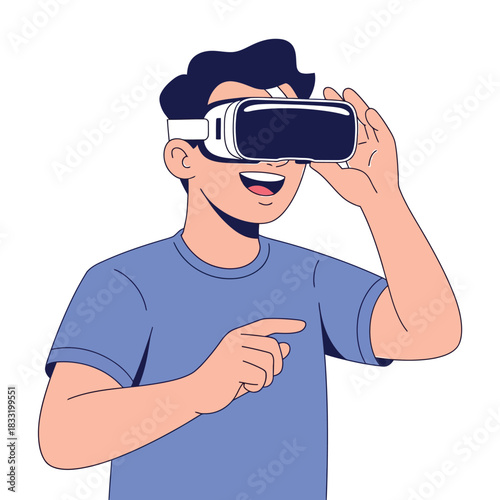 A person wearing a virtual reality headset and pointing forward.