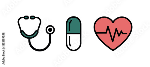 Illustration of a stethoscope a capsule and a heart with a heartbeat line on white background