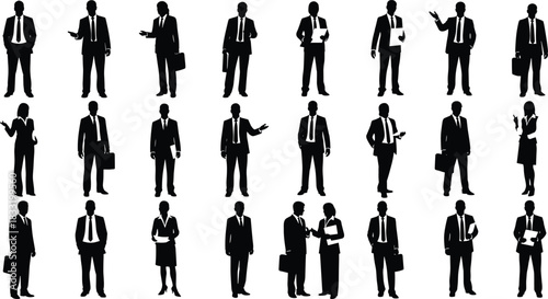 Extensive black vector silhouette set of diverse business professionals in suits, holding documents and briefcases, representing corporate communication, executive staff, professional roles, 
