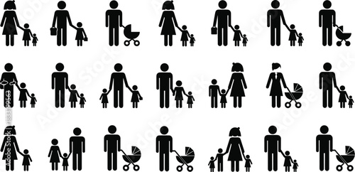 Family parenting silhouettes collection showing mothers fathers children and baby stroller icons symbolizing parenthood childcare family relationships and modern family lifestyle concepts