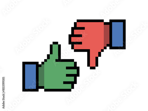 Pixelated thumbs up and thumbs down icons represent a choice between approval and disapproval.