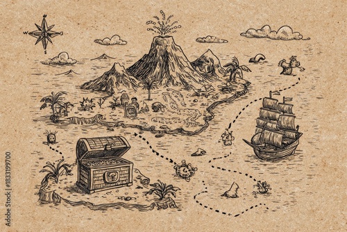 Hand-drawn treasure map with volcano, island, ship, and treasure chest