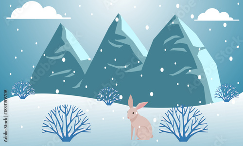 A solitary wild hare sits peacefully in a serene snowy mountain landscape, a beautiful vector illustration of winter's quiet solitude