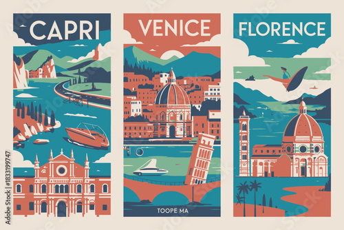 Three italian city travel posters featuring capri venice and florence art on transparent background