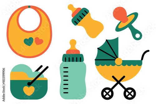 A collection of baby items including a bib bottles pacifier and a baby carriage