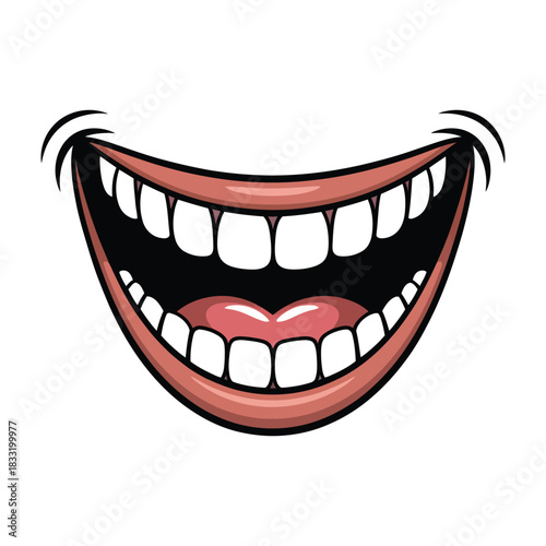 A wide, cartoonish smile with teeth and lips is displayed.