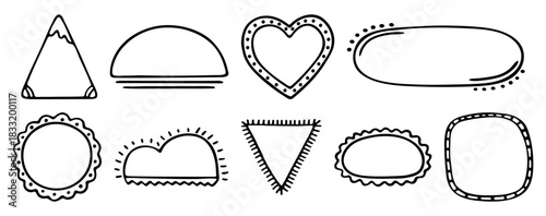 Black line frames hand drawn vector doodle set. Monochrome outline and dotted empty shapes, place holder, text box, sale form. Triangle, sun, heart, oval, circle, clouds, square