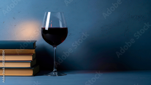 An inviting glass of red wine and a stack of classic books creating a cozy, intellectual atmosphere on a textured blue concrete wall.
