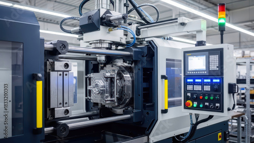 A detailed view of a high-precision injection molding machine in an industrial setting, showcasing intricate mold tooling and advanced control systems.