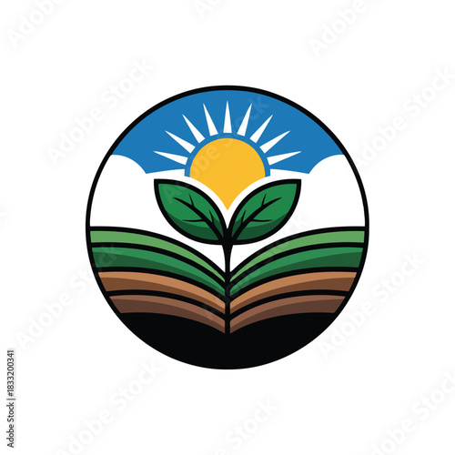 Green sprout growing from layered earth under a bright sun and blue sky agriculture plant