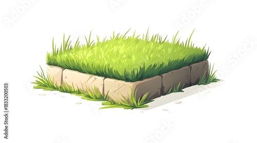 Square patch of vibrant green grass growing atop rough hewn stone blocks