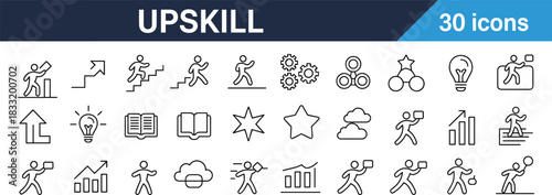Upskill icon set showing career growth, skill improvement, productivity, learning progress, motivation, professional development, performance increase, success achievement, outline business symbols