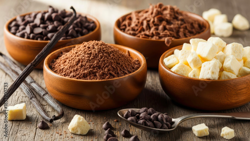 An inviting rustic display featuring an assortment of chocolate chips, cocoa powder, chocolate shavings, and vanilla ingredients in natural wooden bowls.