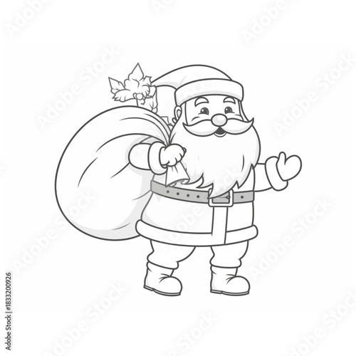 A delightful, hand-drawn outline illustration of Santa Claus, full body, cheerfully carrying his sack of presents, ideal for festive holiday designs.