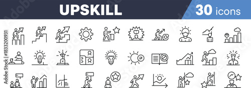 Upskill training icons set illustrating career growth, skill development, professional improvement, productivity, motivation, leadership, performance progress, outline style graphics, learning 