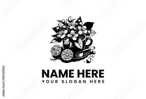 Floral Tea Cup Logo Vector Illustration with Lemon Slices and Decorative Leaves
