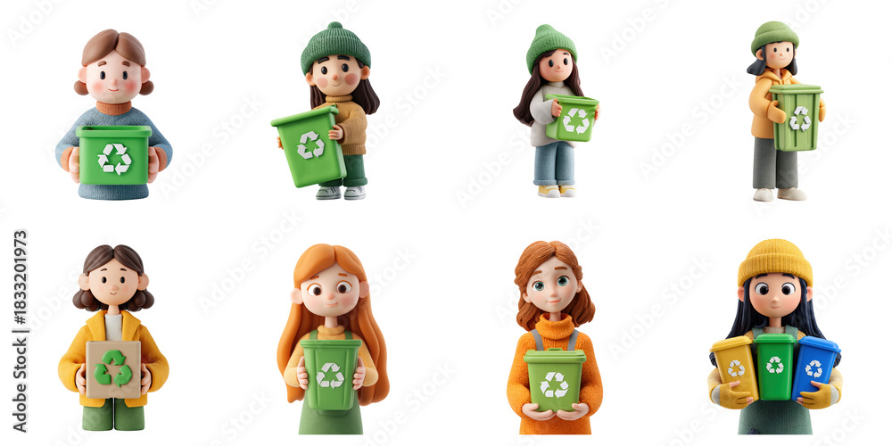 Fototapeta premium Animation girl hold recycle bin png collection in 3d transparent for environment campaign presentation.