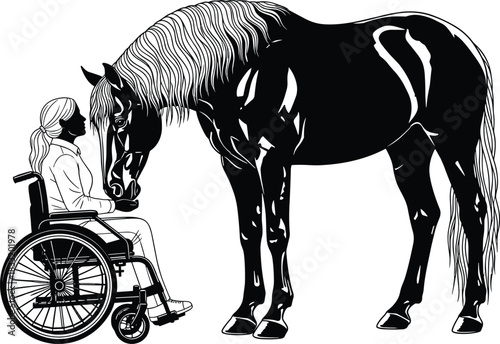 Woman in wheelchair gently interacting with horse, therapeutic connection, disability inclusion, emotional bond, animal support, healing moment, compassion