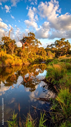 Calm stream reflecting clouds amidst golden trees and lush grass, bathed in soft light, vertical composition