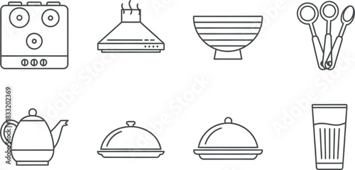 Collection of kitchen appliances and cooking tools outline icons