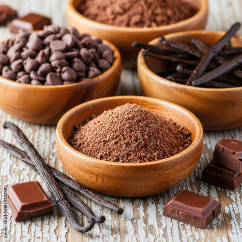 An enticing assortment of essential chocolate and vanilla baking ingredients meticulously arranged in rustic wooden bowls on a textured surface.