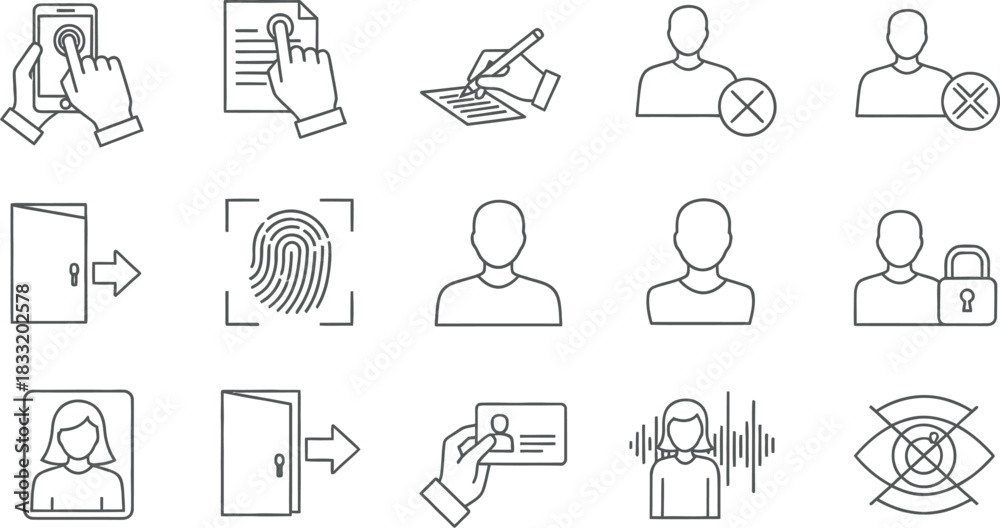 Fototapeta premium Access control, user identification and security outline icon set