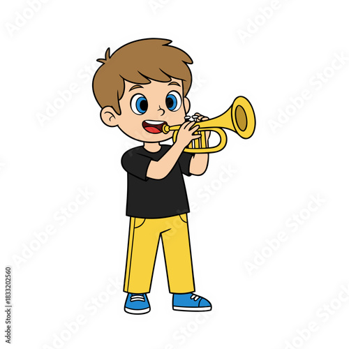 Joyful Young Boy with Brown Hair and Blue Eyes Plays the Trumpet Wearing a Black T Shirt and Yellow Pants Standing on a Transparent Background
