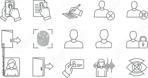 Access control, user identification and security outline icon set