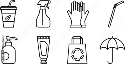 Everyday line icon set: cup, bottle, gloves, straw, soap, tube, bag, umbrella.