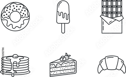 Sweet dessert and breakfast pastry line art icons collection.