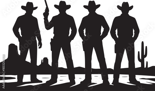 “Cowboy Silhouette in Desert Landscape – Western Wild West Vector Illustration”