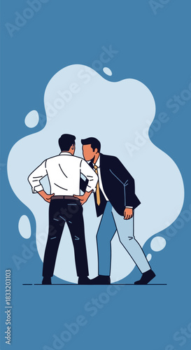 Two business men facing each other in a confrontation on a blue and white background design