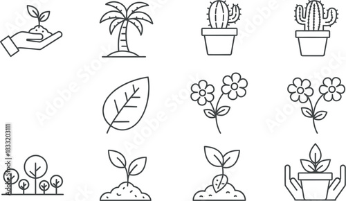Botanical line art icons for nature, growth, and ecology concepts