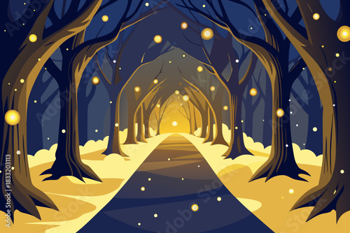 Enchanted forest path with glowing lights at night illustration
