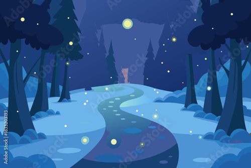 Enchanted forest path leading to a mysterious figure under moonlight