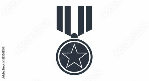 Isolated graphic depiction of a medal with a star emblem hanging from a ribbon on white background