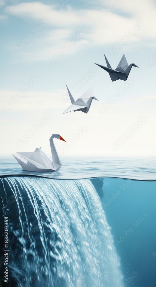 Naklejka premium Origami paper swan waterfall crane freedom; a paper bird glides toward a cascading waterfall while two paper cranes soar above inspiring calm imagination