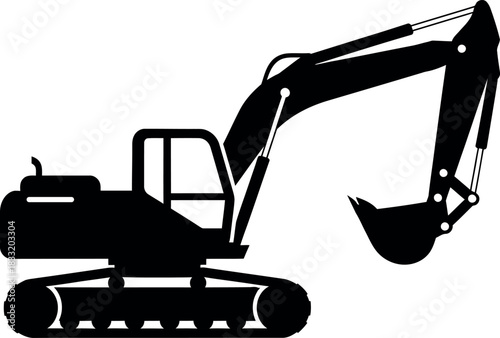 Black excavator silhouette on white background construction