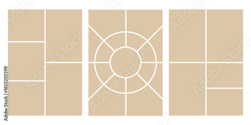 Image collage layout template. Beige mosaic mood board grid collection. Picture frame set. Photo album idea for banner, poster, comic page, flyer, brochure, booklet, memory wall design. Vector pack