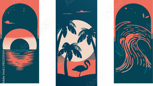 Stunning tropical island art set with sunset, flamingo and ocean wave, perfect for summer designs, travel posters, or vibrant vacation marketing, scalable vector graphic