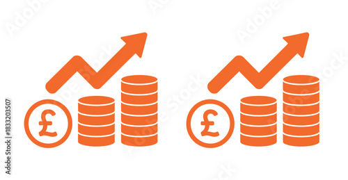 Two stacks of British pound coins with upward trending graphs indicating financial growth and investment.