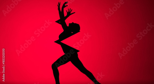 Silhouette of a dancer with arms raised against a vibrant red backdrop with geometric shapes cut out