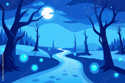 Blue night landscape with winding path and glowing orbs illustration