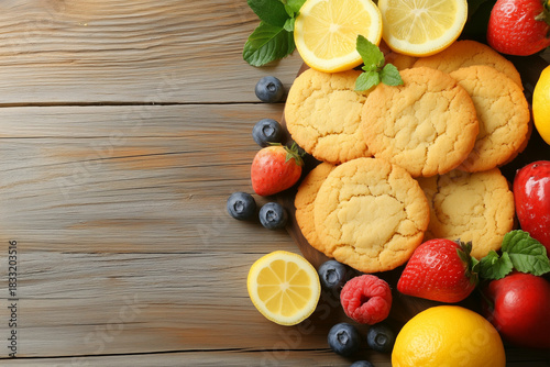 Freshly baked cookies with fruits and lemon on wooden table