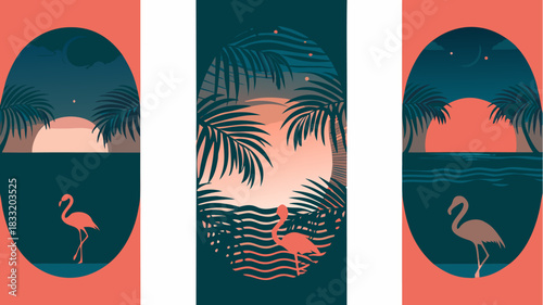 Dreamy flamingo art evoking tropical sunset vibes, perfect for travel, design, or summer themes, available for download, originally scalable vector graphics