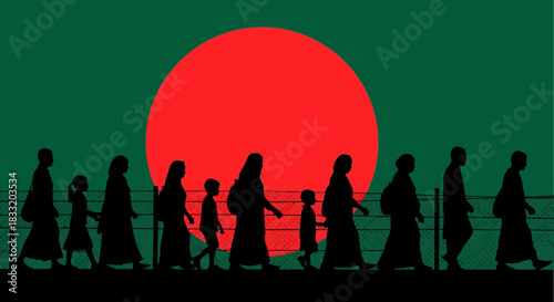 Silhouettes of people walking against bangladesh flag with red sun and green background depiction