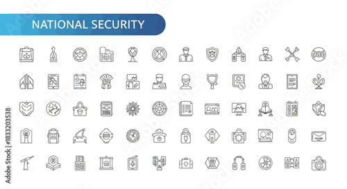 National security icons arranged in a grid pattern on a white background in a line art style