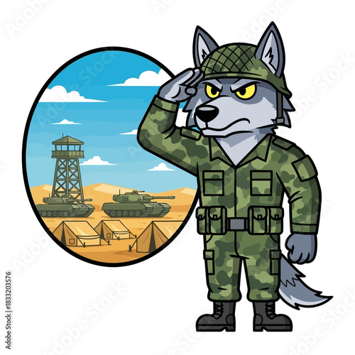 Cartoon wolf soldier saluting with tanks, tents, and a tower in the background in a desert scene
